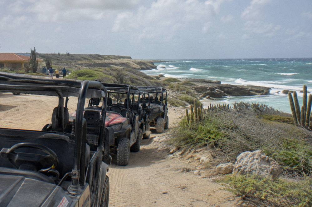 A lineup of four-seat UTVs waiting on a dirt road beside dry cactus scrubland
