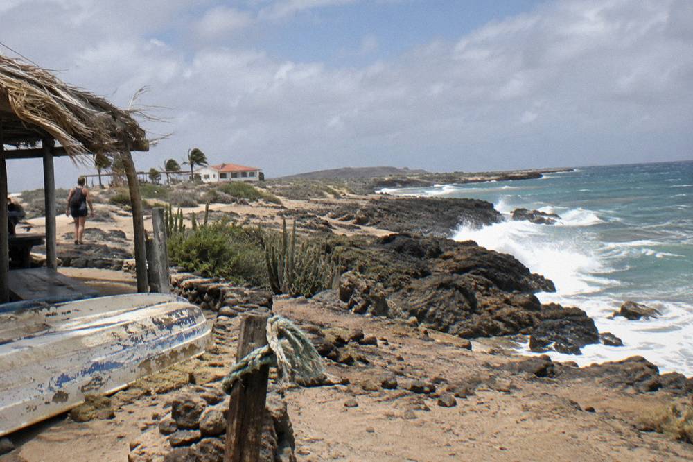 Dark volcanic rock formations along a windswept coastline with white surf