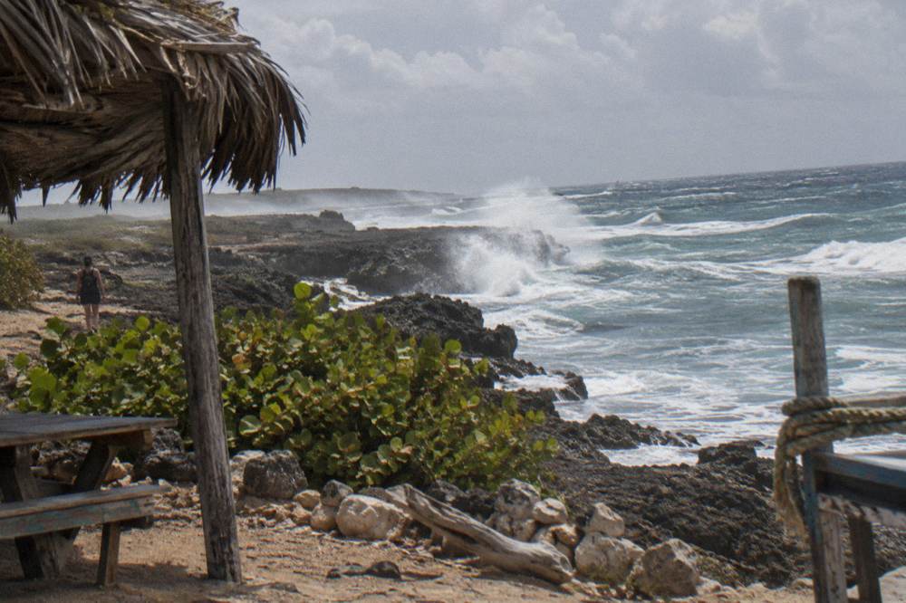 Tall waves breaking against black volcanic rock on an open coast with spray rising