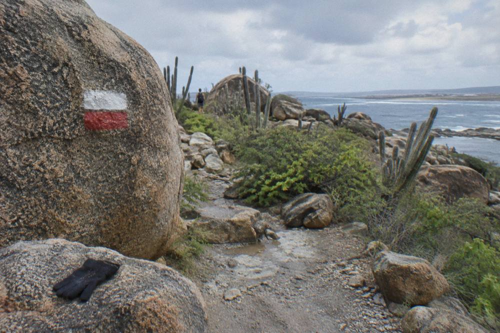 A marked trail marker beside a rocky path through dry cactus scrubland