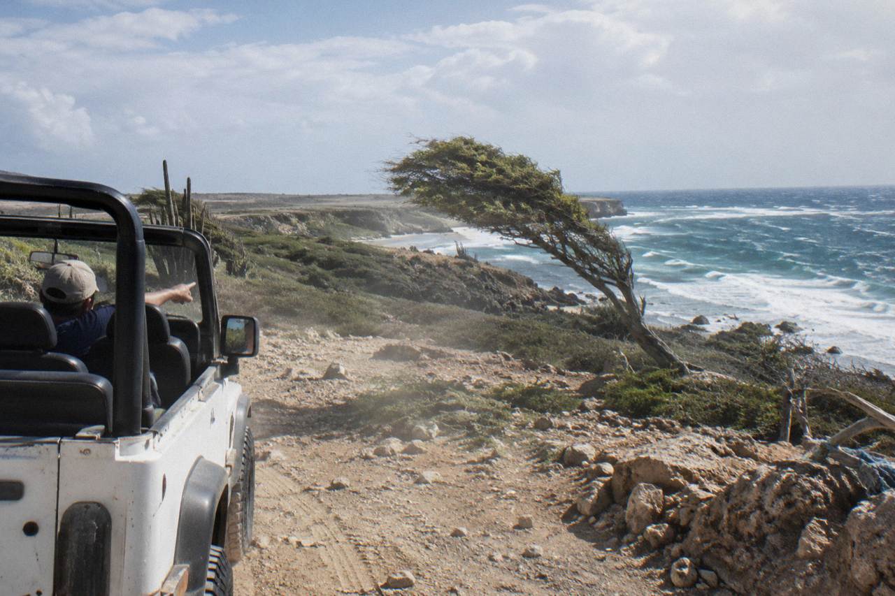 An open jeep on a rocky dirt track above Aruba's north-east coastline