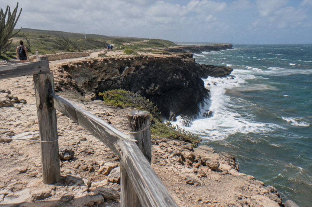 A weathered wooden sign at a coastal viewpoint above cliffs and breaking surf