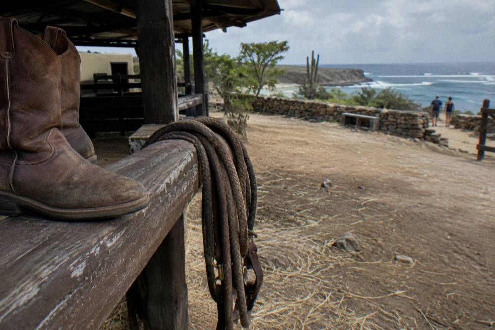 A pair of well-worn riding boots and a coiled rein resting on stable railing