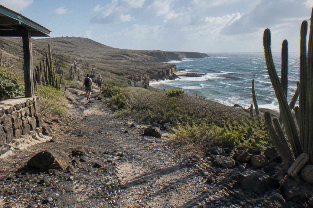 Hikers walking a dirt trail toward rocky hillsides in a dry desert park