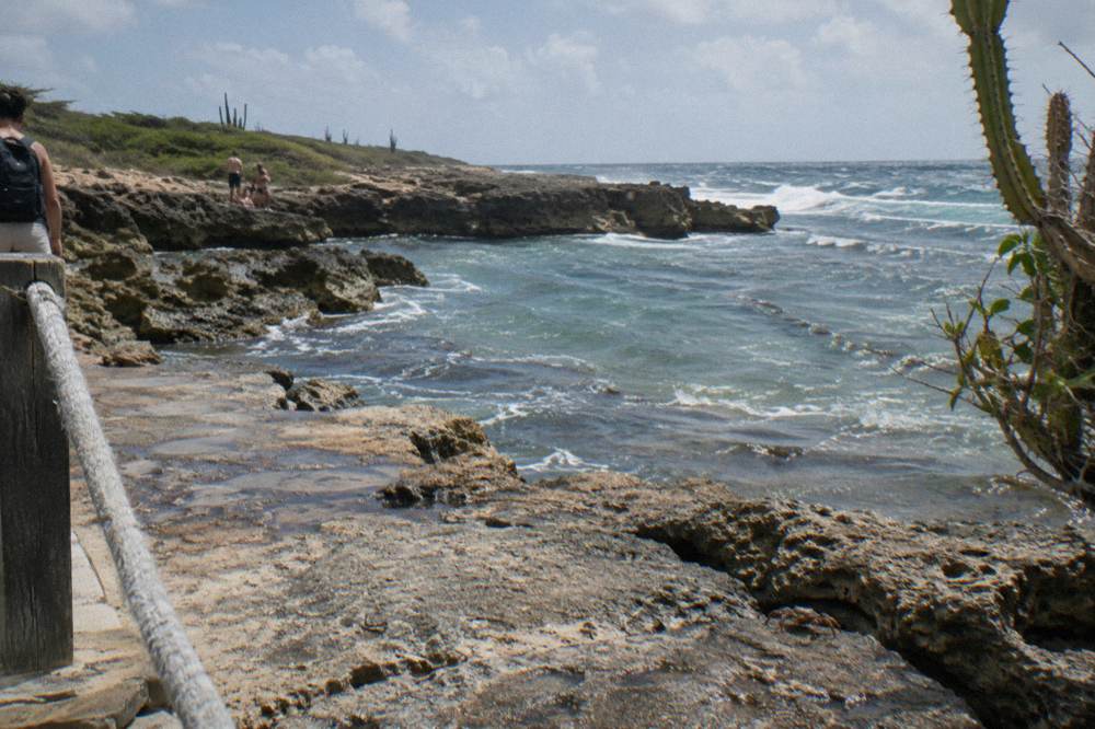 Rocky coastline with rough blue ocean surf, cactus vegetation, a railing and people on the limestone rocks