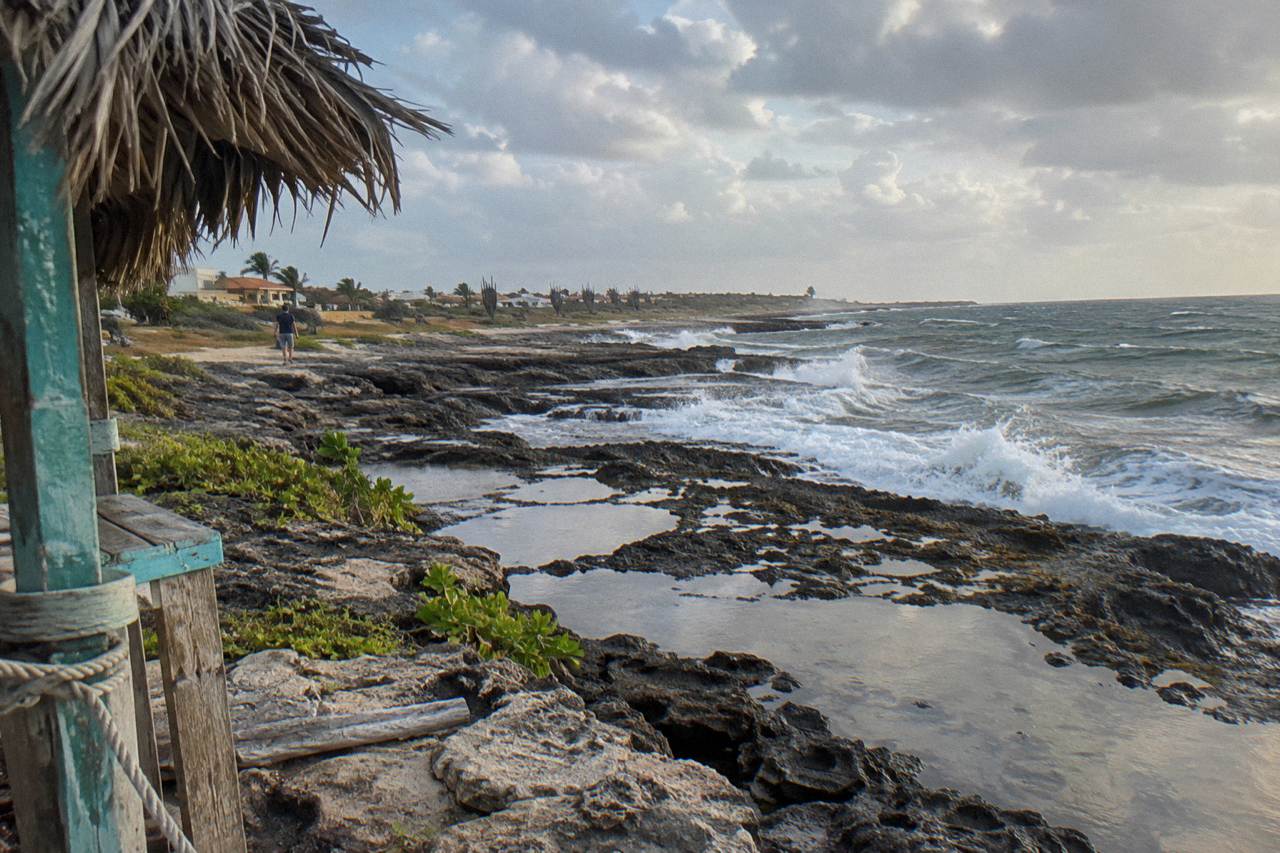 Rocky volcanic coastline with waves breaking against dark stone in Aruba
