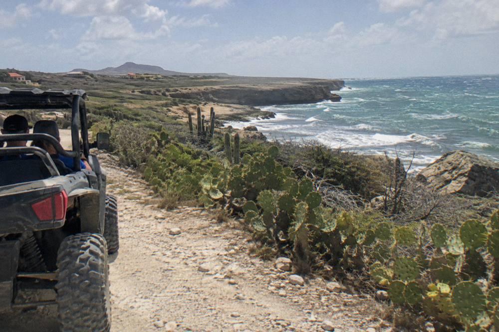 A utility terrain vehicle on a dirt road beside dry cactus scrub and broken rock on Aruba's north coast