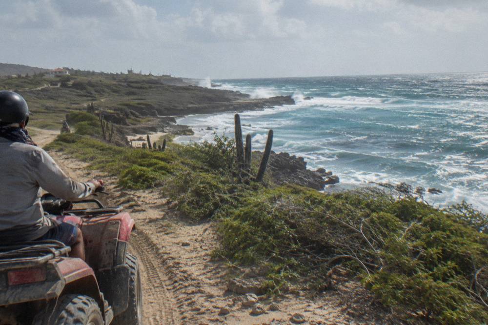 A rider in a helmet and dust bandana steering a four-wheeled vehicle along a rutted coastal trail
