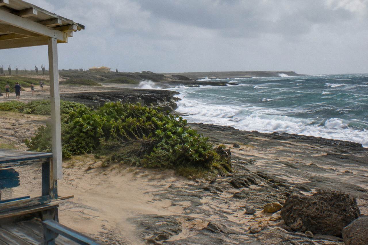Rough volcanic shoreline on Aruba's north east coast with waves breaking against dark rock