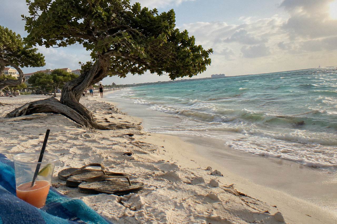 Calm turquoise water meeting pale sand under a wide sky along an Aruban shoreline
