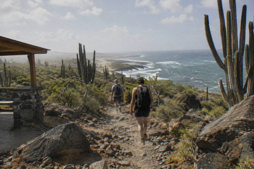 Hikers walking a rocky trail across arid cactus-dotted terrain toward the coast