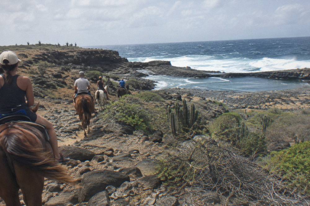 Riders on horseback following a guide along a rocky path toward a volcanic rock pool on the coast