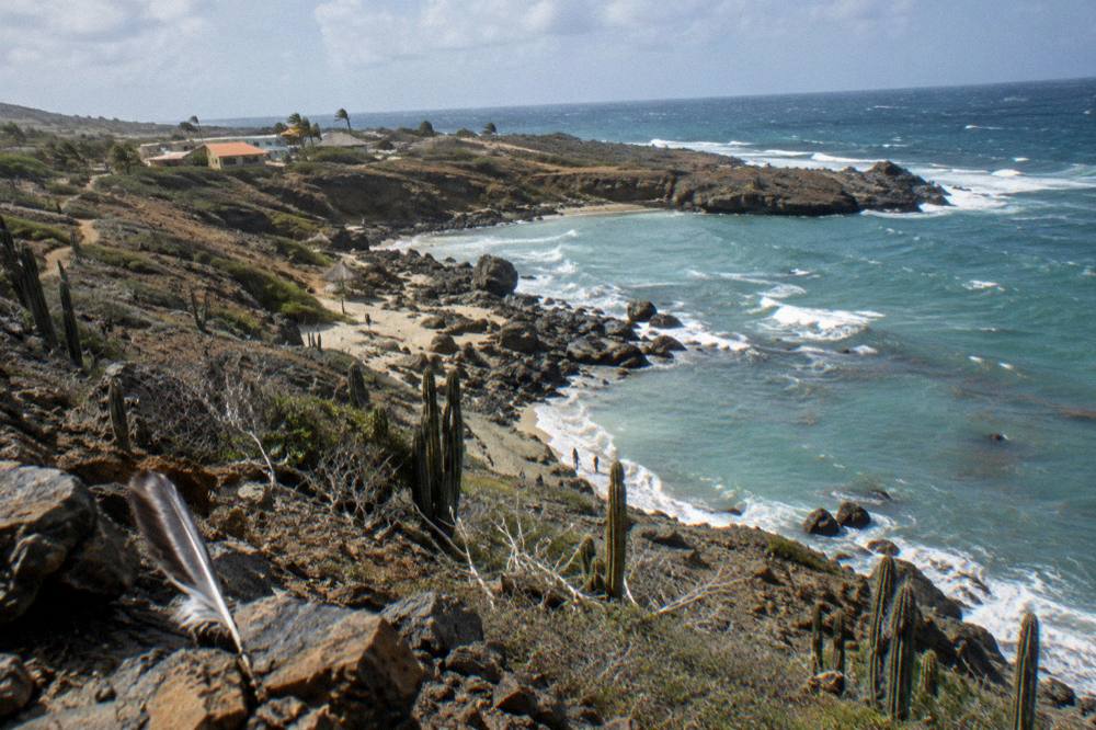 Dry cactus-covered hills sloping to a boulder-strewn coastline under an open sky