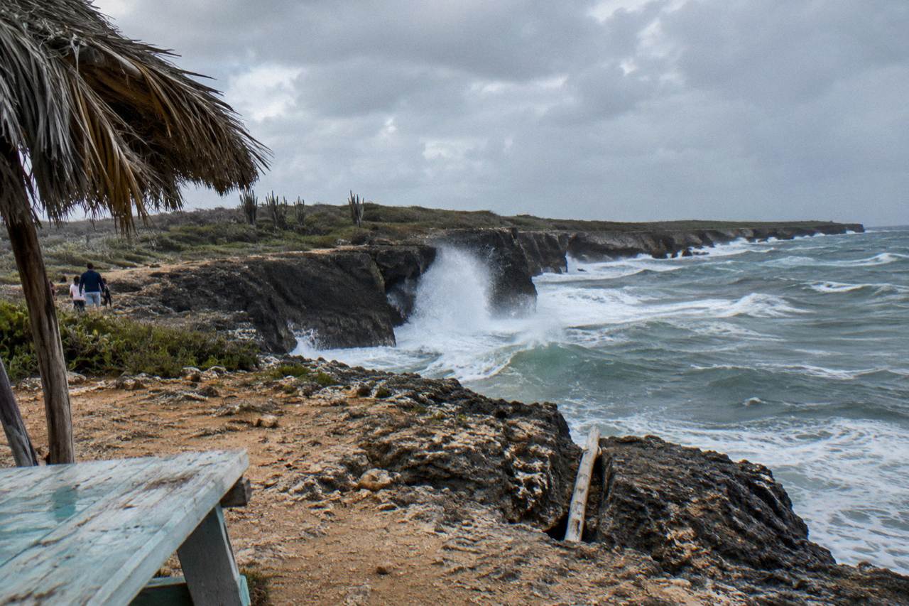 Rocky volcanic shoreline on Aruba's north-east coast with waves breaking against dark stone