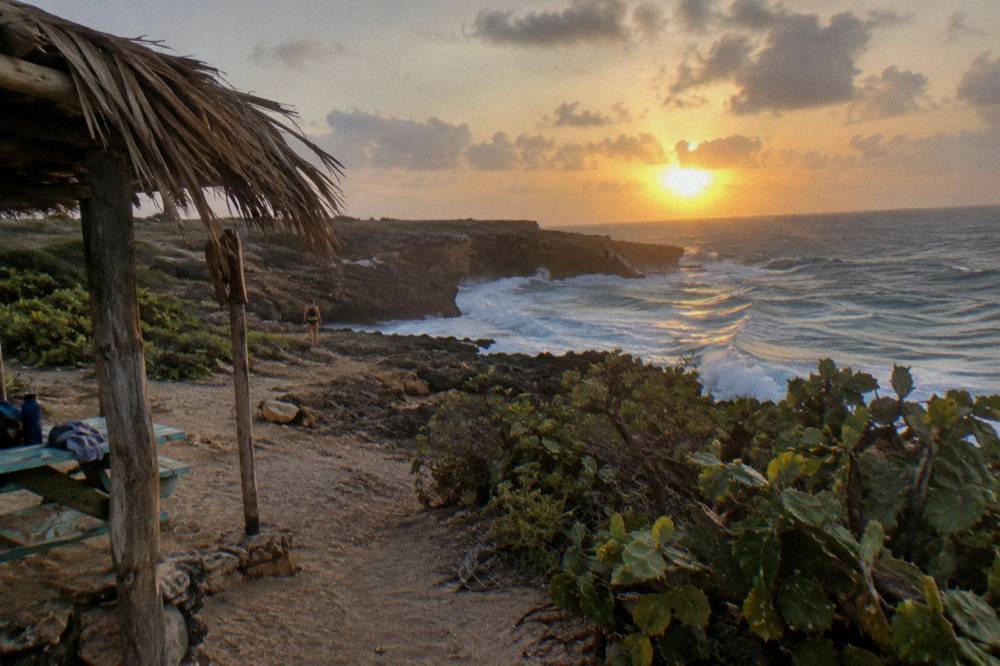 Thatched shade shelter and picnic table above a rocky cactus coastline with cliffs, surf and a low sun